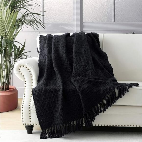 HOME Chunky Black Knitted Throw Blanket for Couch, Chair, Sofa, or Bed - Picture 1 of 16
